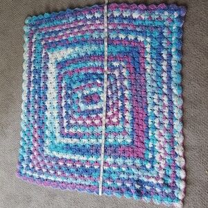 Handmade knit personal throw blanket purple, blue and white